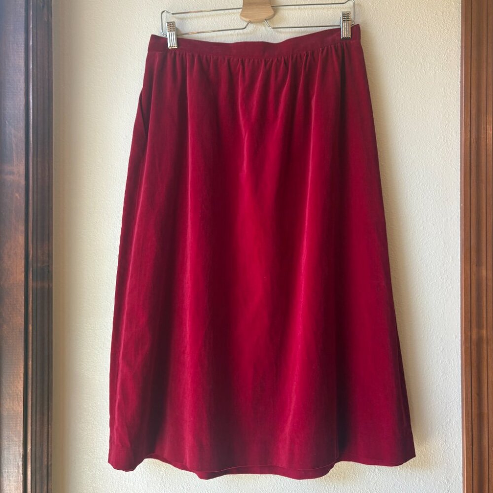 VTG Red Velvet Pleated Midi Skirt Made in Japan 100% Cotton Valentine's Sz 10 - Picture 3 of 8